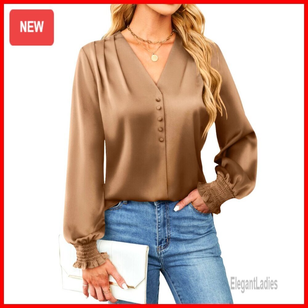 Long Sleeve Satin Blouse, Business Casual Top, V-Neck Button Front